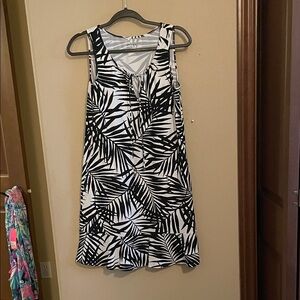 Lands' End Black and White Leaf Print Dress